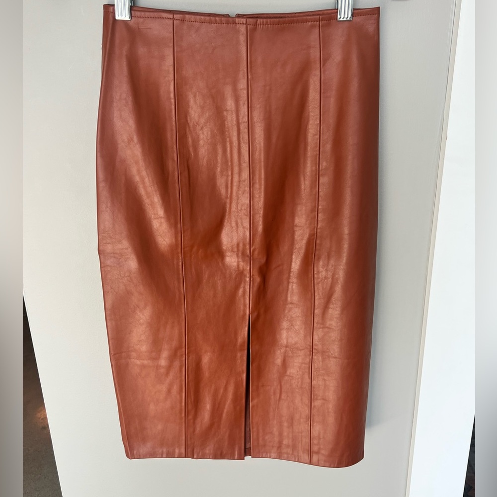 Brown leather pencil skirt with front slit